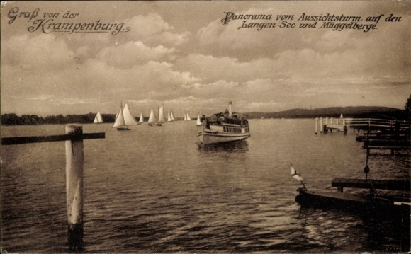 Ak Berlin Köpenick Müggelheim, Krampenburg, Panorama vom Aussichtsturm, Segelboote