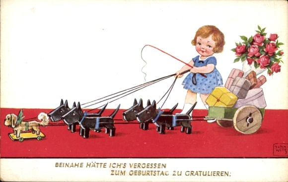 Artist Postcard Wills, John, Birthday greeting, child with toy