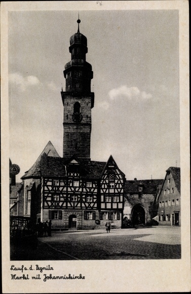 Ak Lauf an der Pegnitz in Mittelfranken Bayern, Markt mit Johanniskirche