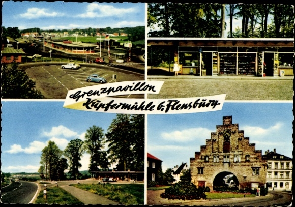 Ak Kupfermühle Harrislee in Sleeswijk-Holstein, grenspaviljoen, parkeerplaats, poort