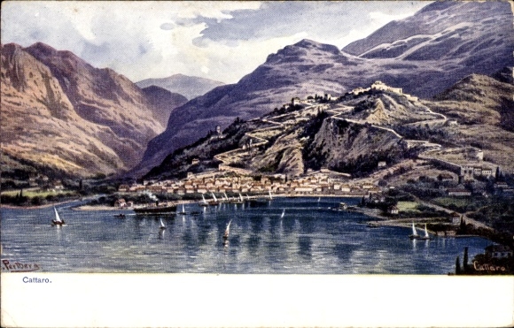 Artist Postcard Perlberg, F., Kotor Cattaro Montenegro, harbor