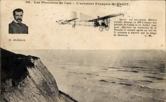 Postcard M. Blériot, Aéroplane Blériot, Motor Anzani 25 HP, crossing the English Channel, Dover - Calais