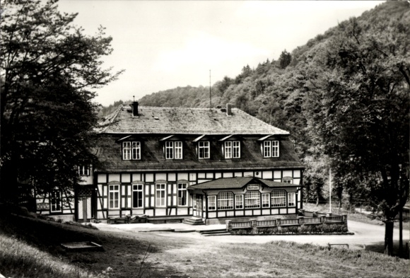Postcard Stolberg in the Harz Mountains, historical building, main building of the recreation center, forest landscape