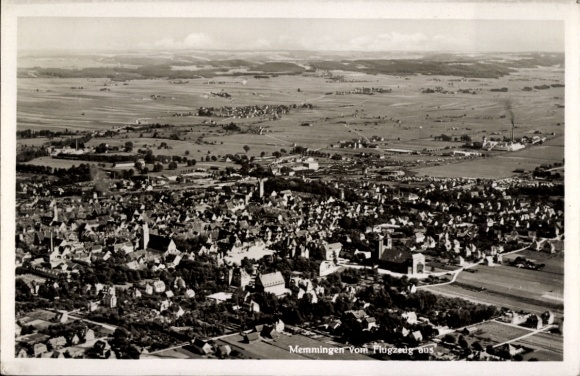 Postcard Memmingen in Swabia, aerial photograph of cityscape, landscape, black and white