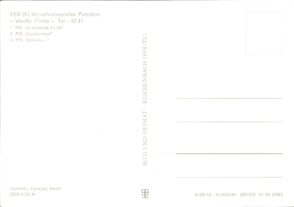 Postcard VEB Verkehrsbetriebe Potsdam, White Fleet, MS Strandbad Ferch, MS Cecilienhof, MS Sanssouci