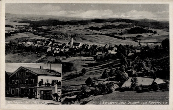 Postcard Schönberg in the Bavarian Forest, aerial photograph, Wacker store
