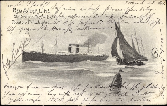 Postcard Steamer, Red Star Linie Antwerpen New York, Boston Philadelphia