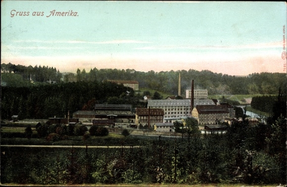 Postcard America Penig in Saxony, view of the town, factory premises, forest
