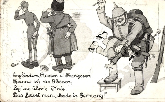 Artist Postcard Engelhard, PO, German soldier beats up English, Russians and French