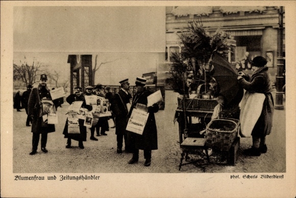 Postcard Berlin city types, flower woman and newspaper seller, Berlin pictures
