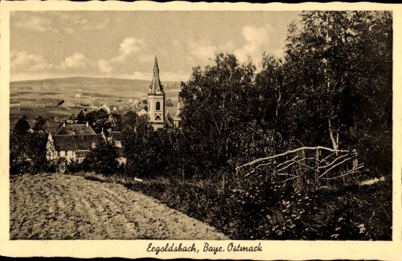 Postcard Ergoldsbach in Lower Bavaria, a village with a church and many trees.
