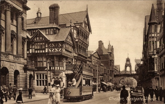 Postcard Chester Cheshire England, street with tram, building, people on the street