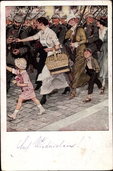 KP artysty Wennerberg, Bruno, marsz, żołnierze, kobiety, dzieci