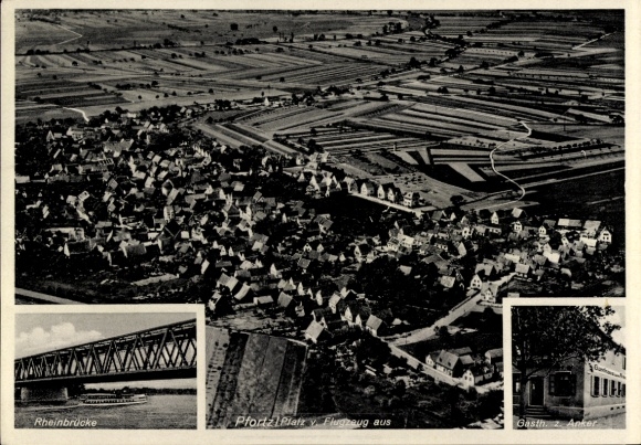 Ak Pfortz Maximiliansau Wörth am Rhein, Rheinbrücke, Gasthaus zum Anker, Fliegeraufnahme