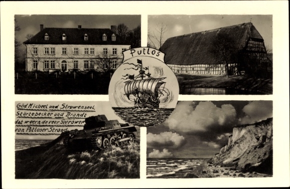 Postcard Putlos military training area near Oldenburg in Holstein, tanks, half-timbered house, manor house, coast