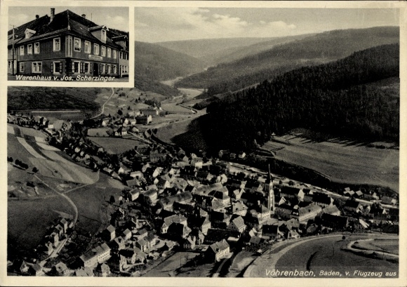 Ak Vöhrenbach im Schwarzwald Baden, Fliegeraufnahme, Warenhaus v. Jos. Scherzinger