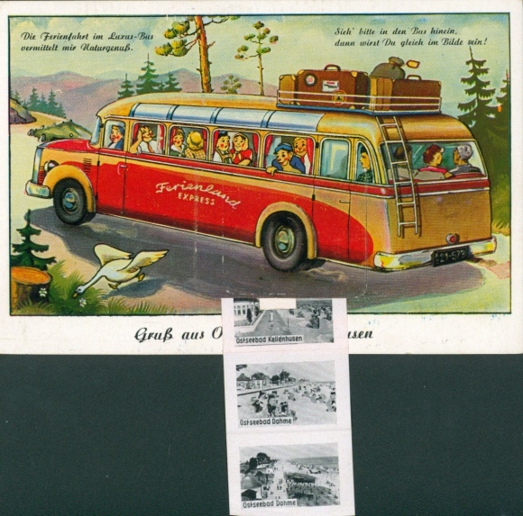 Leporello Postcard Ostseebad Kellenhusen in Holstein, Grömitz, Dahme, tourists, luggage