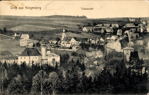 Postcard Klingenberg in the Ore Mountains of Saxony, greeting from a total view, rural scenery, houses, church