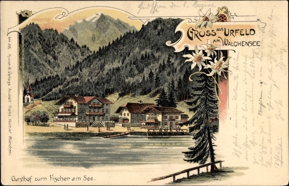 Chromo-Litho Urfeld Kochel am See Upper Bavaria, Gasthof zum Fischer am Walchensee