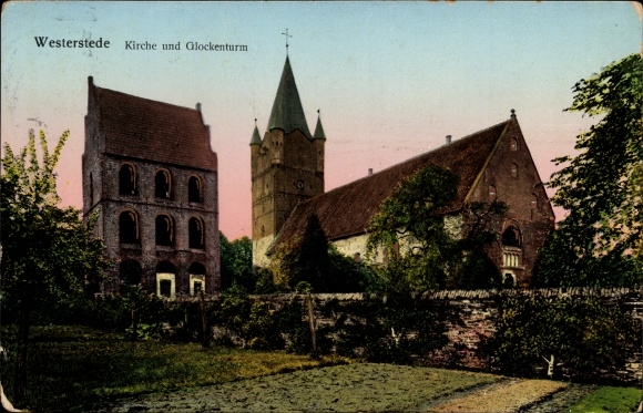 Illuminated window Postcard Westerstede in the district of Ammerland, church and bell tower