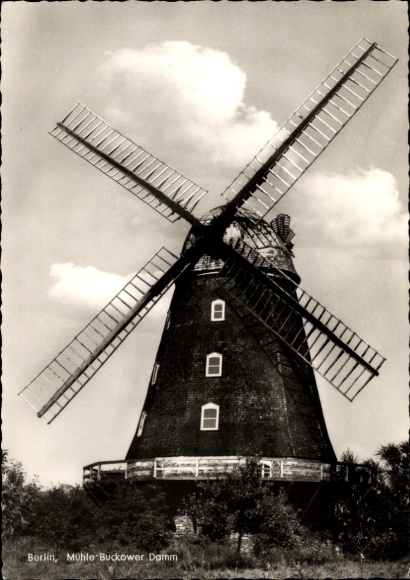 Postcard Berlin Neukölln Britz, windmill Buckower Damm, detailed depiction, sky with clouds