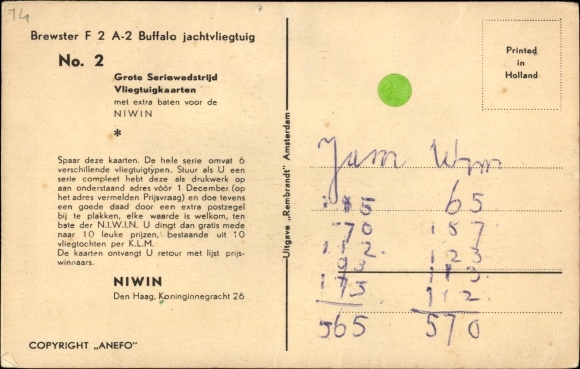Postcard Dutch military aircraft, Brewster F 2 A-2, Buffalo jachtvliegentuig