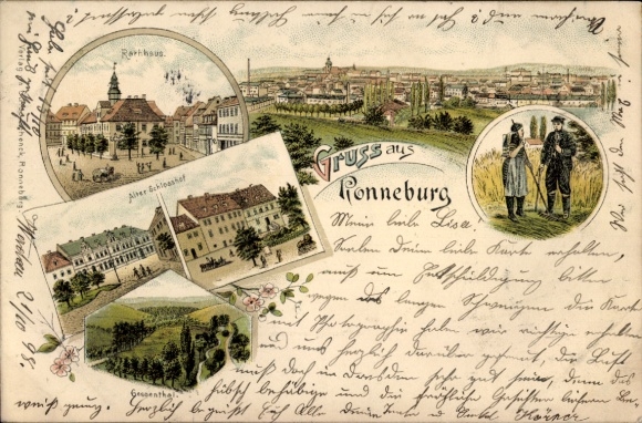 litho Ronneburg in Thüringen, Panorama, Stadhuis, Oude Kasteelhof, Paar in Traditionele Klederdracht