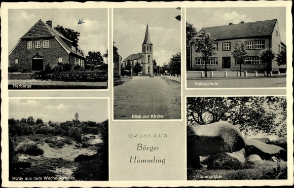 Postcard Börger im Hümmling Emsland, hostel, church, elementary school, dolmen, juniper