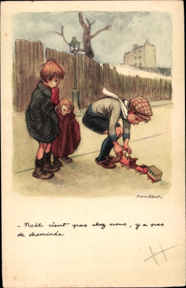 Artist PC Poulbot, Francisque, Boys with toy train, Ligue Nationale contre le Taudis