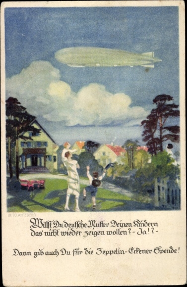 Kunstenaar ansichtkaart Amtsberg, Otto, Duitse moeder toont kinderen luchtschip, schenking Zeppelin Eckener