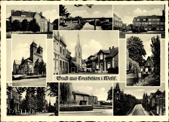 KP Emsdetten nad rzeką Ems w Westfalii, kościół, hotel, sekcje ulic, apteka Marie, dworzec kolejowy