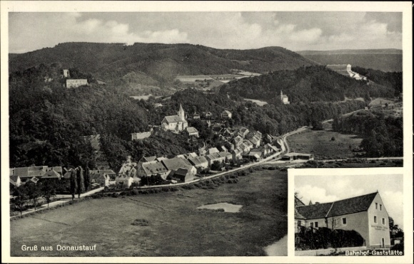 Postcard Donaustauf in the Upper Palatinate, view of the station restaurant, hills, houses
