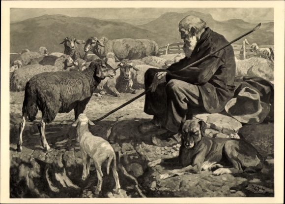 Artist PC Strahn, Jos., Schäferrast, shepherd with flock, HDK 530