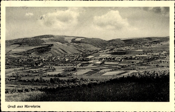 Postcard Merxheim an der Nahe, black and white picture with landscape, fields, hills