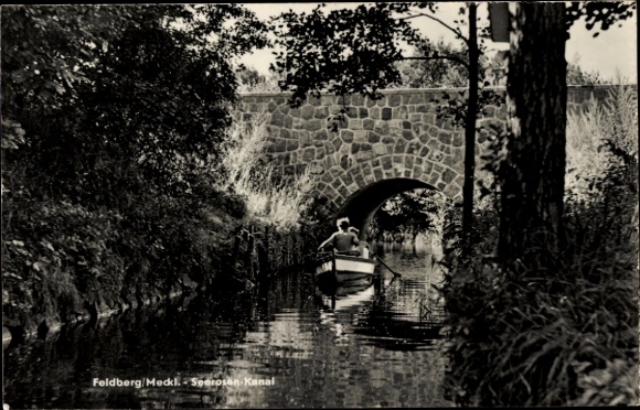 Postcard Feldberg in Mecklenburg, rowing boat on the water lily canal, bridge