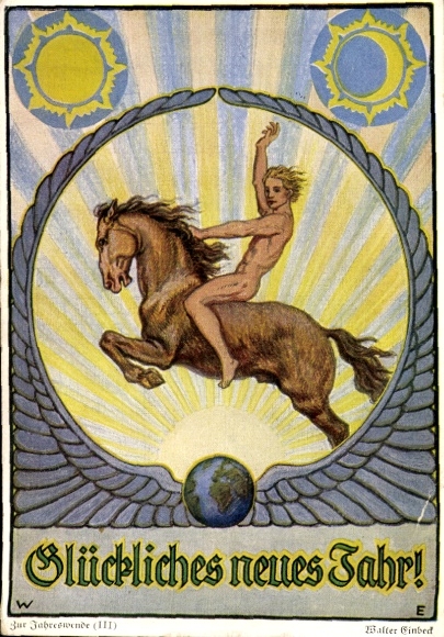 Jugendstil Künstler Ak Einbeck, Walter, Glückwunsch Neujahr, Männerakt, Pferd