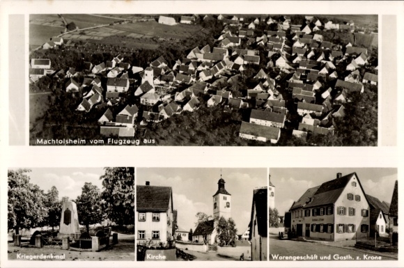 Ak Machtolsheim Laichingen in Württemberg, Luftaufnahme, Kriegerdenkmal, Kirche, Warengeschäft, G