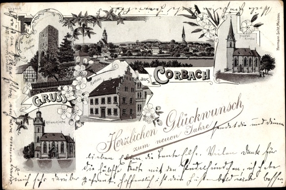 Chromo-Litho Korbach in Hesse, town hall, Kilianskirche, Nicolaikirche, tower, panorama, congratulations New Year