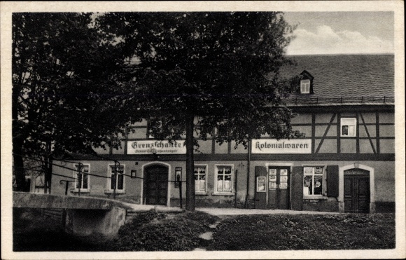 Ansichtkaart Niedermülsen Mülsen in Saksen, koloniale goederen, Grenzschänke Niedermülsen eigenaar B.Schwarzenberger