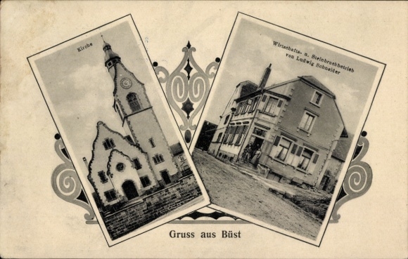 Postcard Bust Büst Alsace Bas Rhin, farm and quarry operation, church