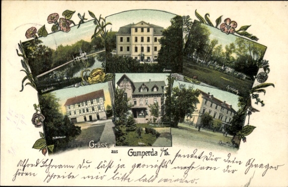 Ak Gumperda in Thüringen, Teilansichten, Badeteich, Sportplatz, Schloss, Villa