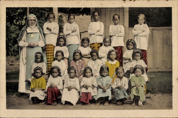 Postcard Asia, group photo of children, nun, mission