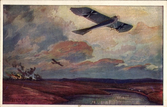 Künstler Ak Schulze, Hans Rudolf, Militärtaube auf Erkundungsflug bei den Masurischen Seen, I. WK