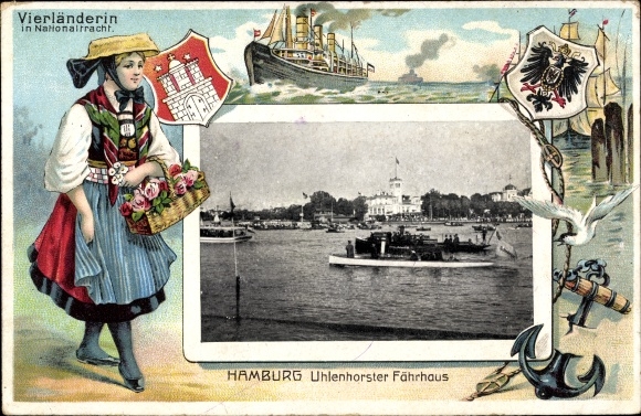 Embossed Coat of Arms Passepartout PC Hamburg North Uhlenhorst, Fährhaus, Vierländerin, Steamer