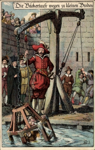 Künstler Litho Jodolfi, Die Bäckertaufe wegen zu kleinen Brotes, Strafen im Mittelalter