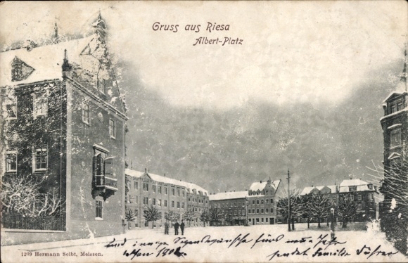 Ak Riesa an der Elbe Sachsen, Albert-Platz, Schnee, Gebäude, Gruß aus Riesa