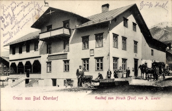 Postcard Bad Oberdorf Bad Hindelang in the Oberallgäu, Gasthof zum Hirsch, people and horses, mountain landscape