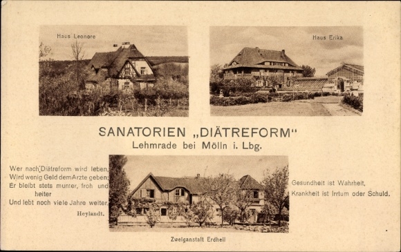 Postcard Lehmrade Schleswig Holstein, sanatorium diet reform, Leonore and Erika houses, Erdheil branch