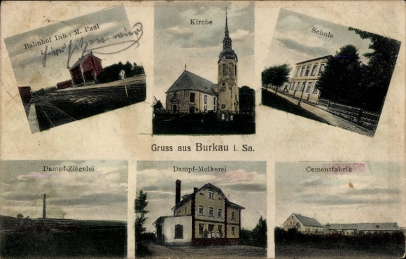 Postcard Burkau in Saxony, train station, church, school, steam brickworks, steam dairy, cement factory
