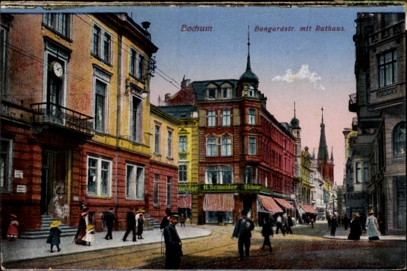 Postcard Bochum in the Ruhr area, Bongardstraße with town hall, H. Schneider's shop